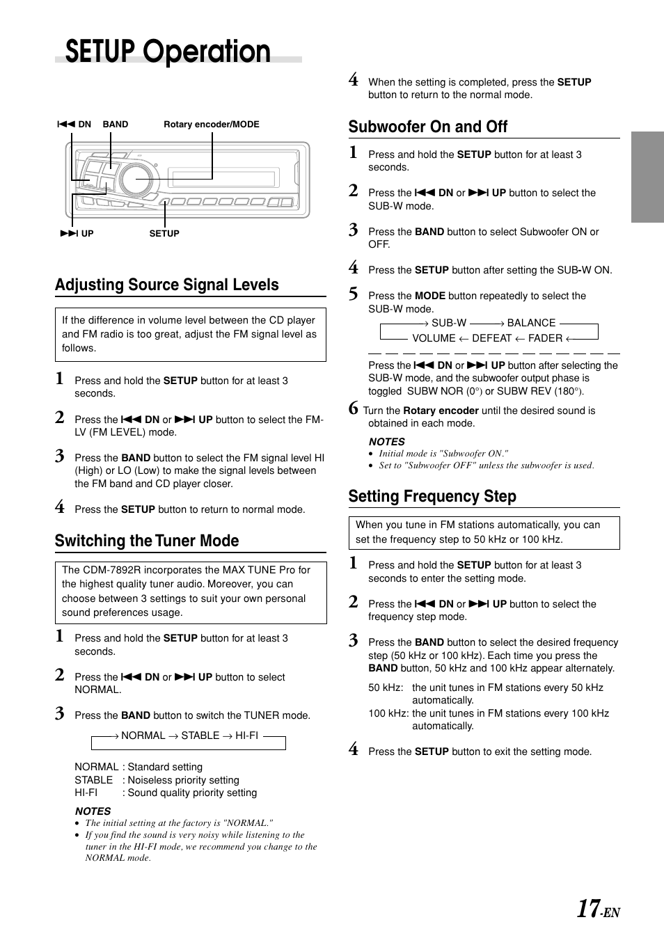 Setup operation, Adjusting source signal levels, Switching the tuner mode | Subwoofer on and off, Setting frequency step | Alpine CDM-7892R User Manual | Page 19 / 30