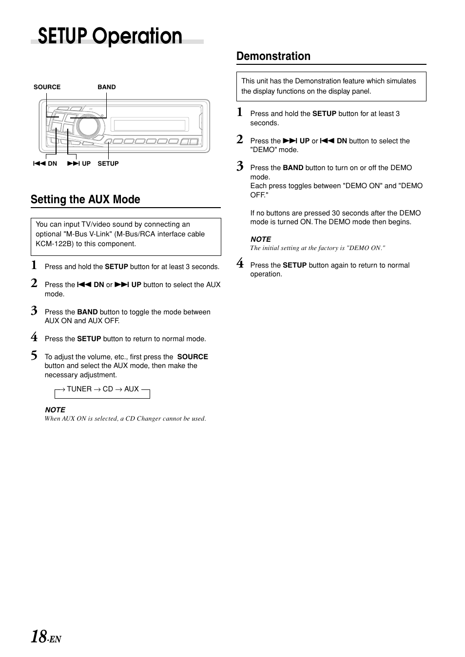 Setup operation, Setting the aux mode, Demonstration | Alpine CDM-7892R User Manual | Page 20 / 30