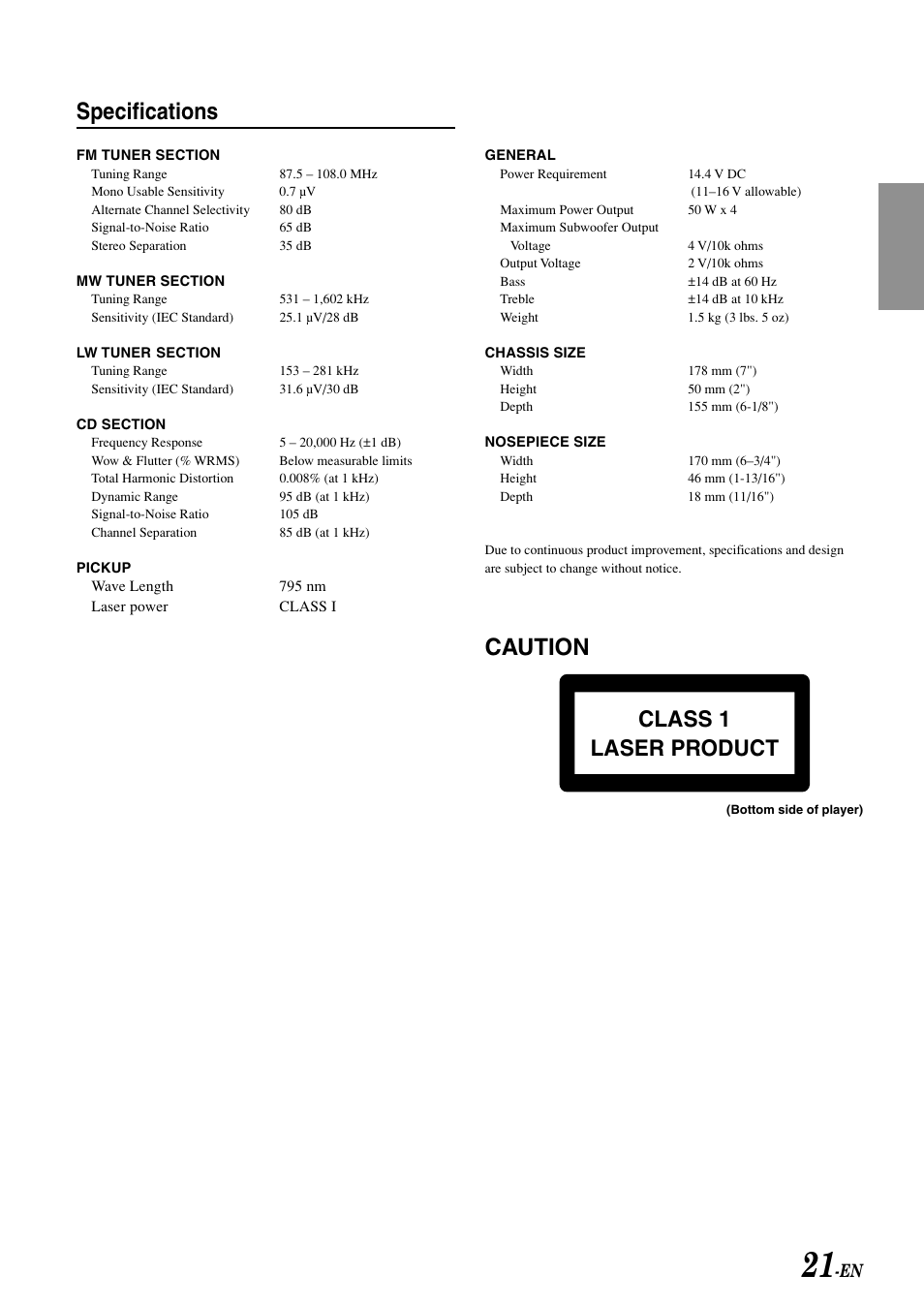 Specifications, Caution, Class 1 laser product | Alpine CDM-7892R User Manual | Page 23 / 30