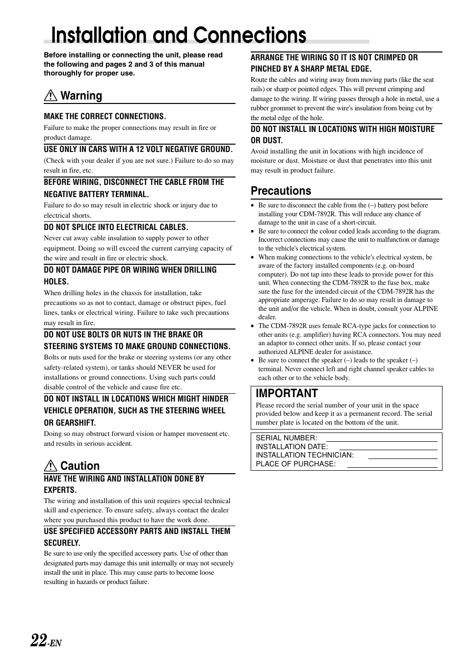 Installation and connections, Warning, Caution | Precautions, Important | Alpine CDM-7892R User Manual | Page 24 / 30