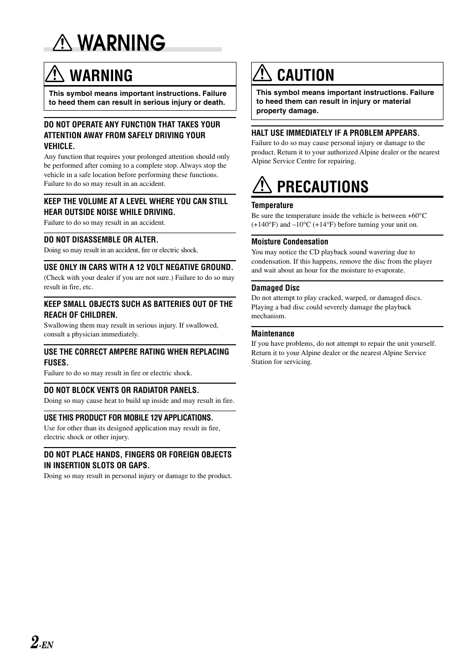 Warning, Caution, Precautions | Alpine CDM-7892R User Manual | Page 4 / 30