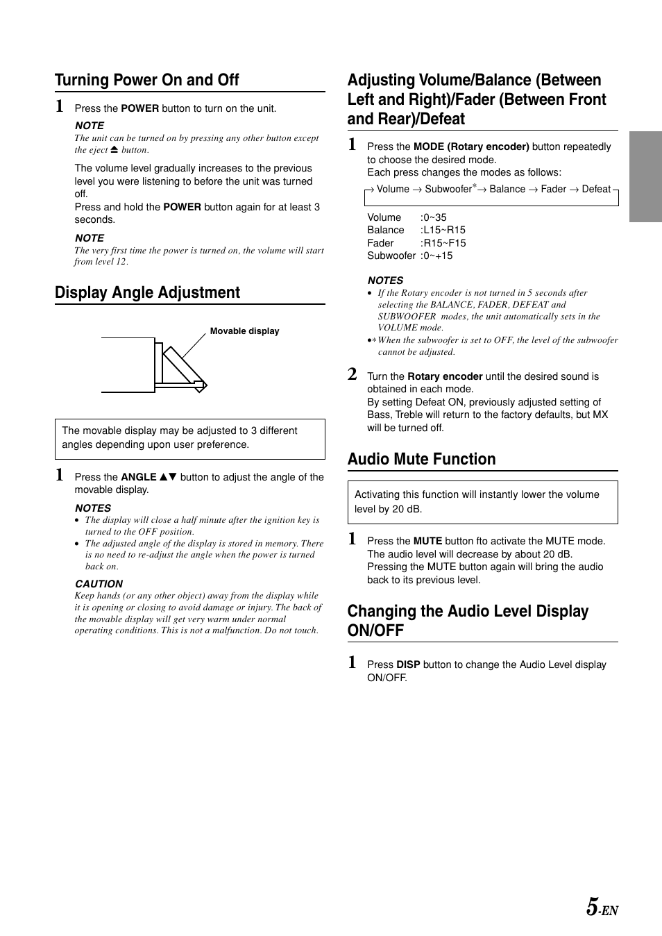 Audio mute function, Changing the audio level display on/off, Turning power on and off | Display angle adjustment | Alpine CDM-7892R User Manual | Page 7 / 30