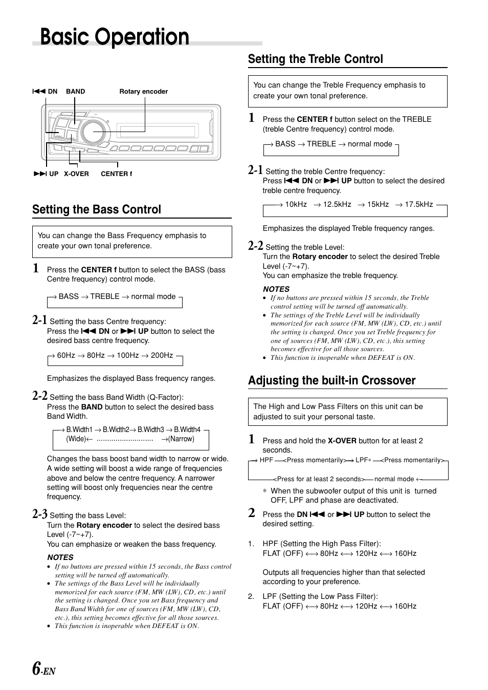 Basic operation, Setting the bass control, Setting the treble control | Adjusting the built-in crossover | Alpine CDM-7892R User Manual | Page 8 / 30