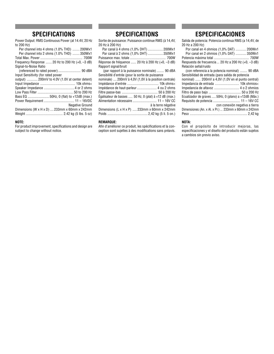 Especificaciones, Specifications | Alpine V-Power MRP-M350 User Manual | Page 10 / 12