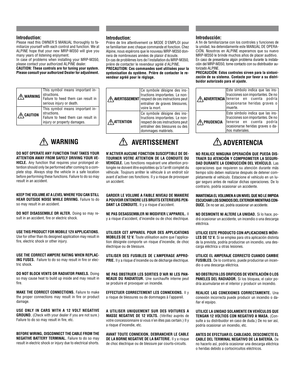 Warning, Avertissement, Advertencia | Alpine V-Power MRP-M350 User Manual | Page 2 / 12