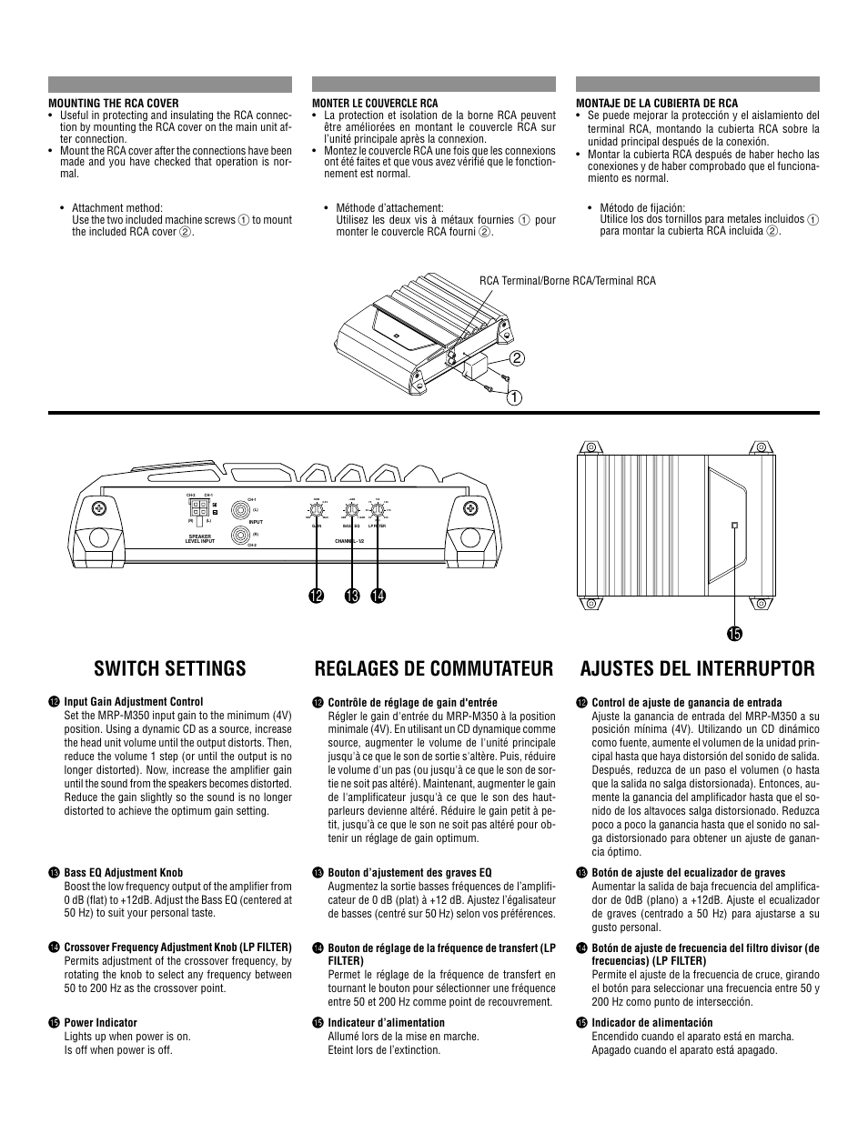 Switch settings, Reglages de commutateur, Ajustes del interruptor | Español français english | Alpine V-Power MRP-M350 User Manual | Page 7 / 12