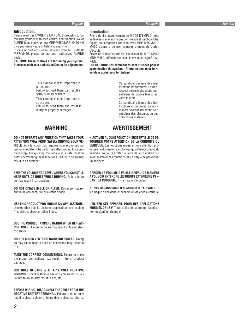 Warning, Avertissement | Alpine MRP-M450 User Manual | Page 2 / 16