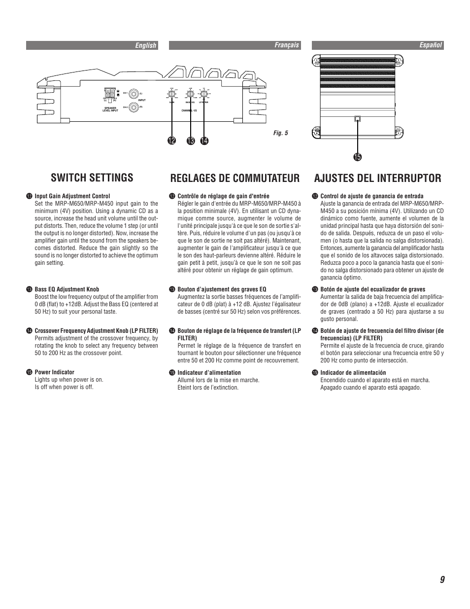 Switch settings, Reglages de commutateur, Ajustes del interruptor | Español français english | Alpine MRP-M450 User Manual | Page 9 / 16
