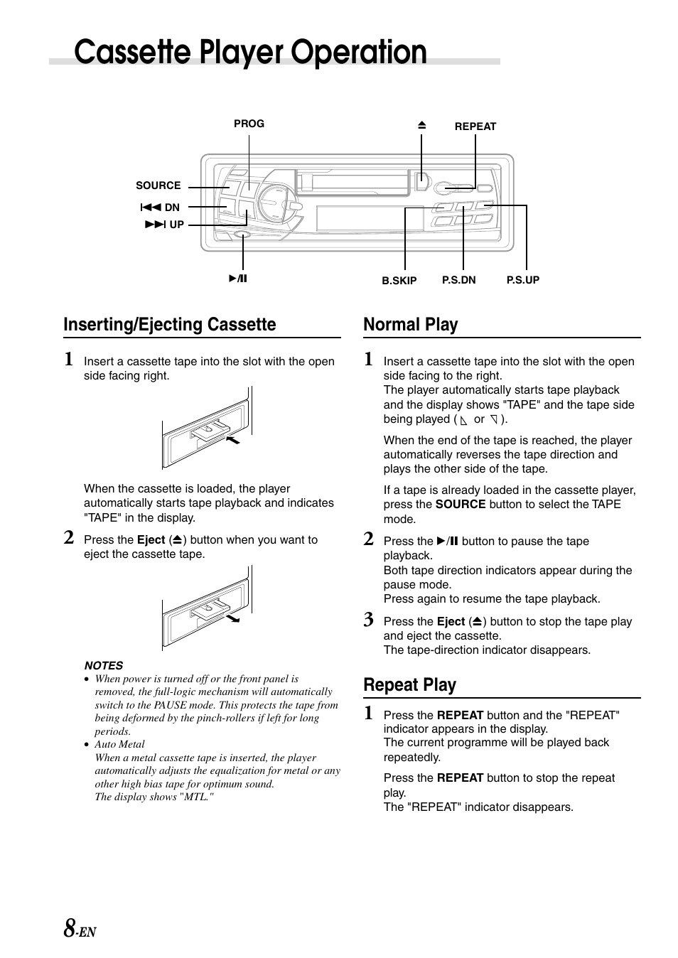 Cassette player operation, Inserting/ejecting cassette, Normal play | Repeat play | Alpine TDM-7582E User Manual | Page 10 / 19