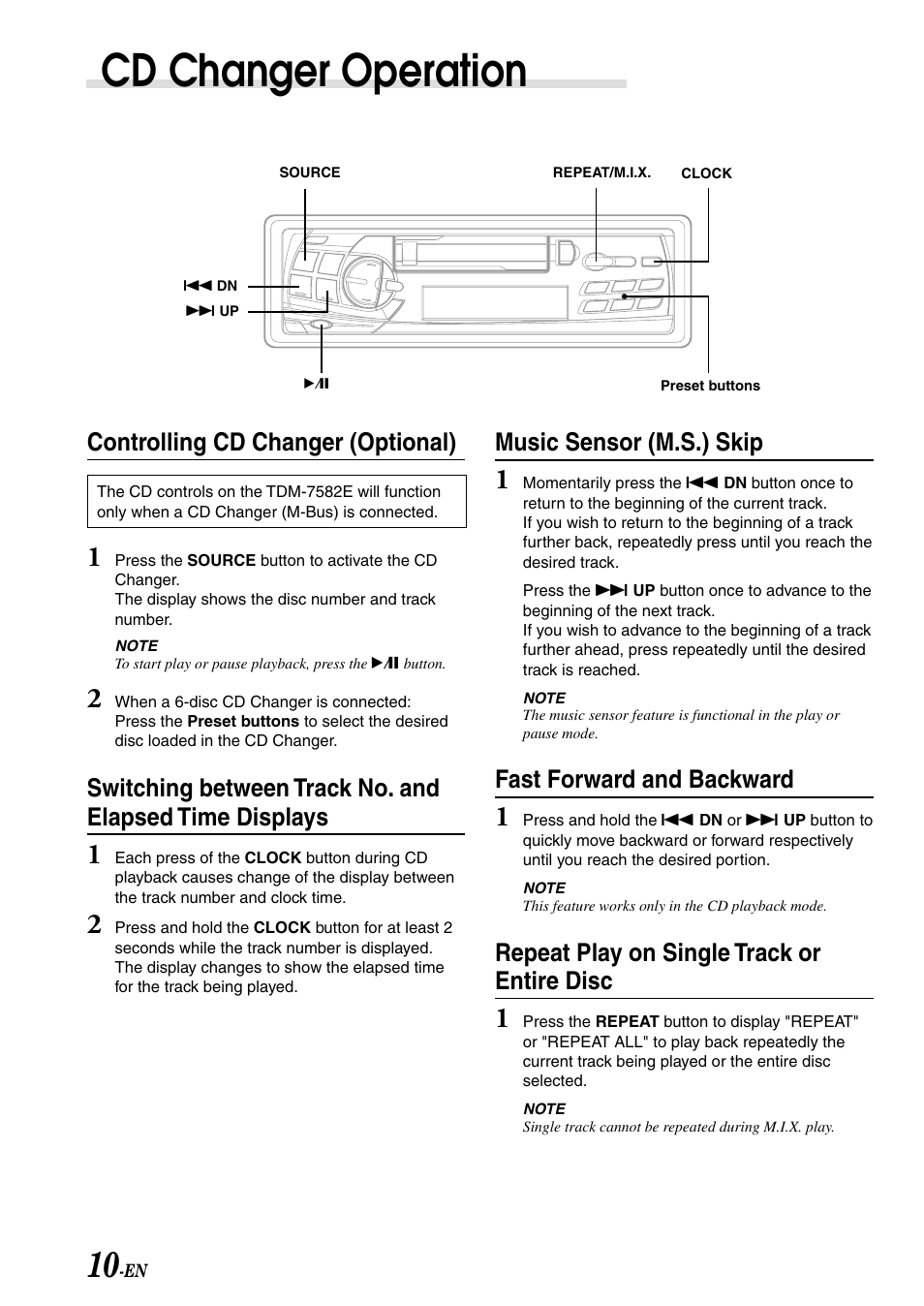 Cd changer operation, Controlling cd changer (optional), Music sensor (m.s.) skip | Fast forward and backward, Repeat play on single track or entire disc | Alpine TDM-7582E User Manual | Page 12 / 19