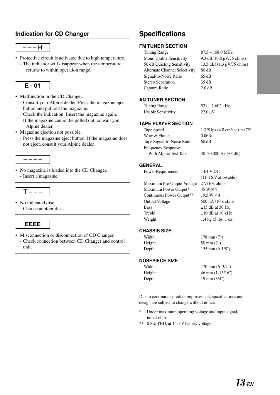 Specifications, Indication for cd changer | Alpine TDM-7582E User Manual | Page 15 / 19
