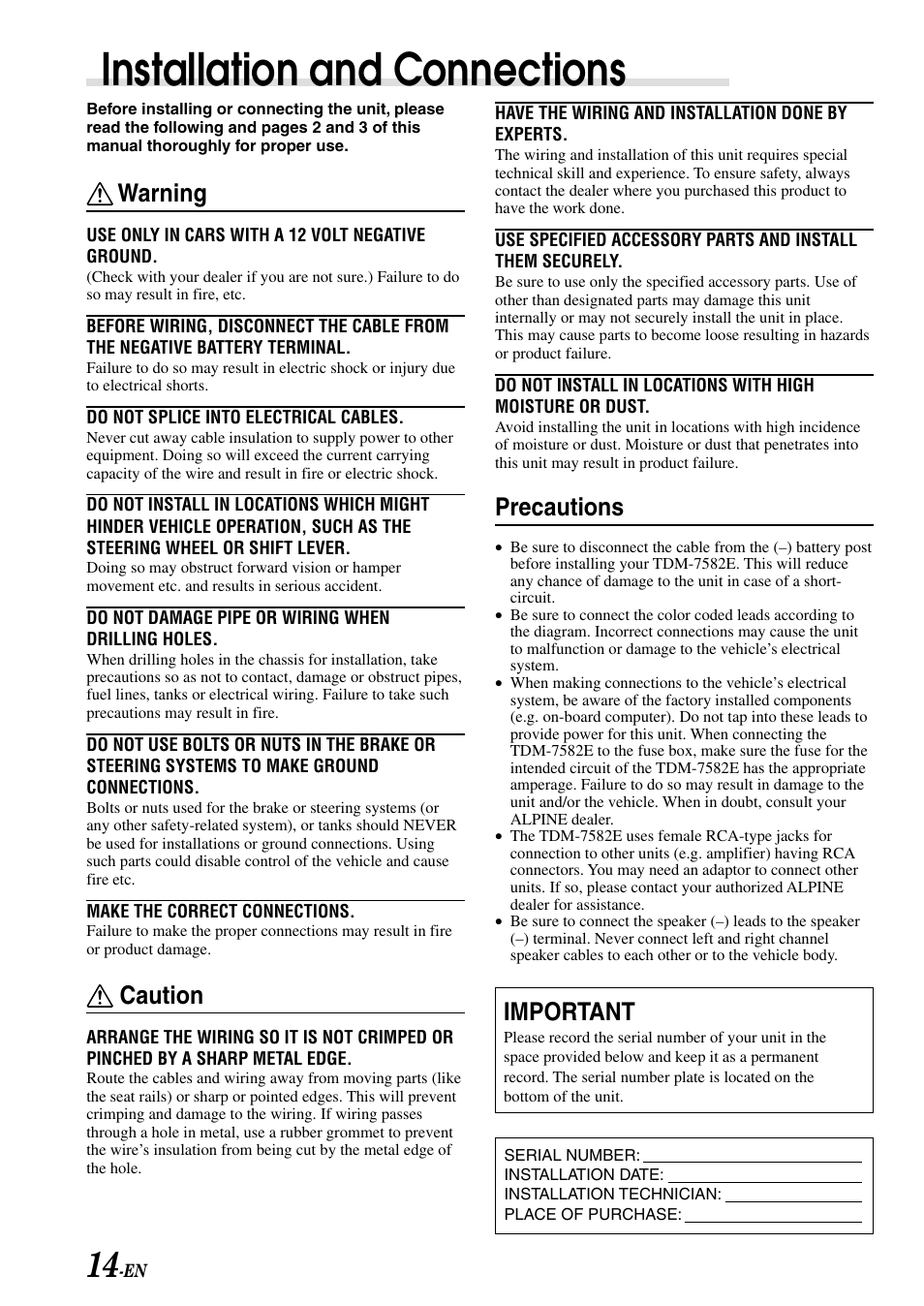 Installation and connections, Warning, Caution | Precautions, Important | Alpine TDM-7582E User Manual | Page 16 / 19