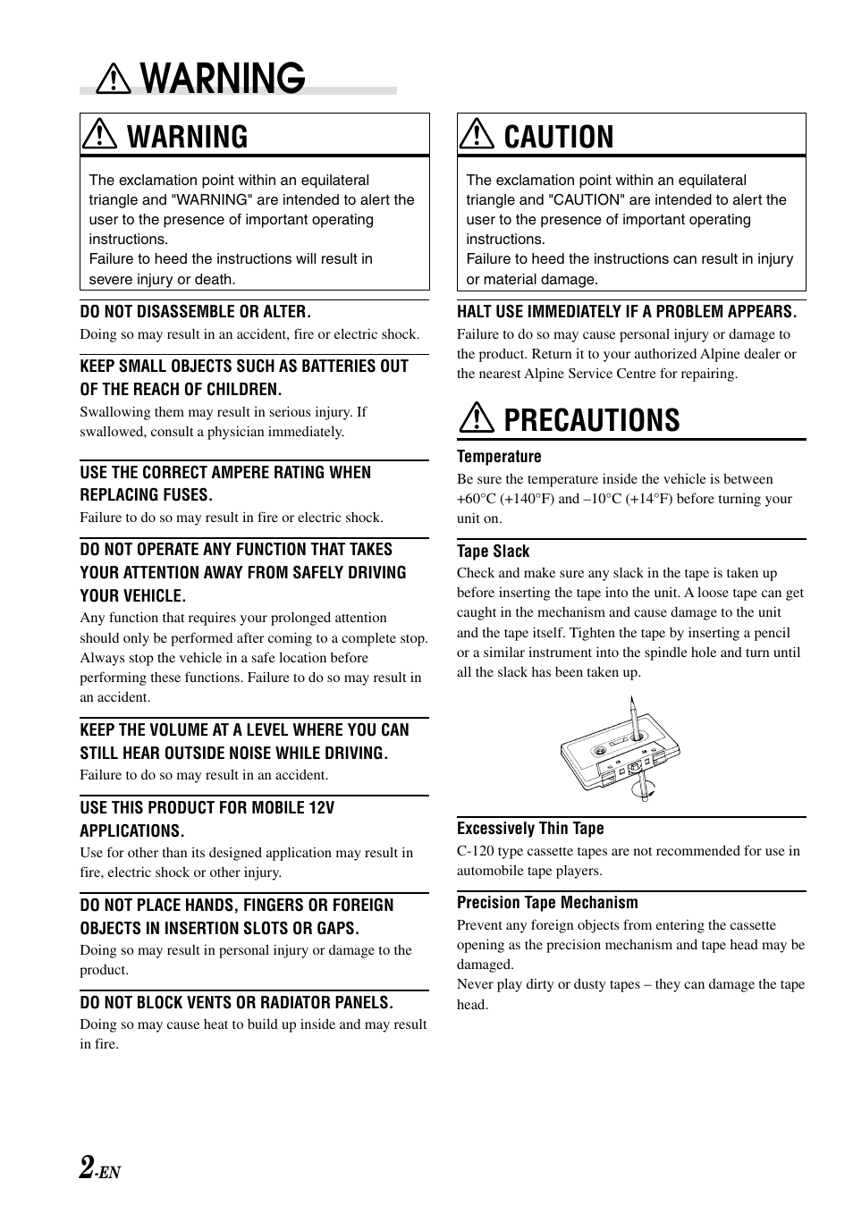 Warning, Caution, Precautions | Alpine TDM-7582E User Manual | Page 4 / 19