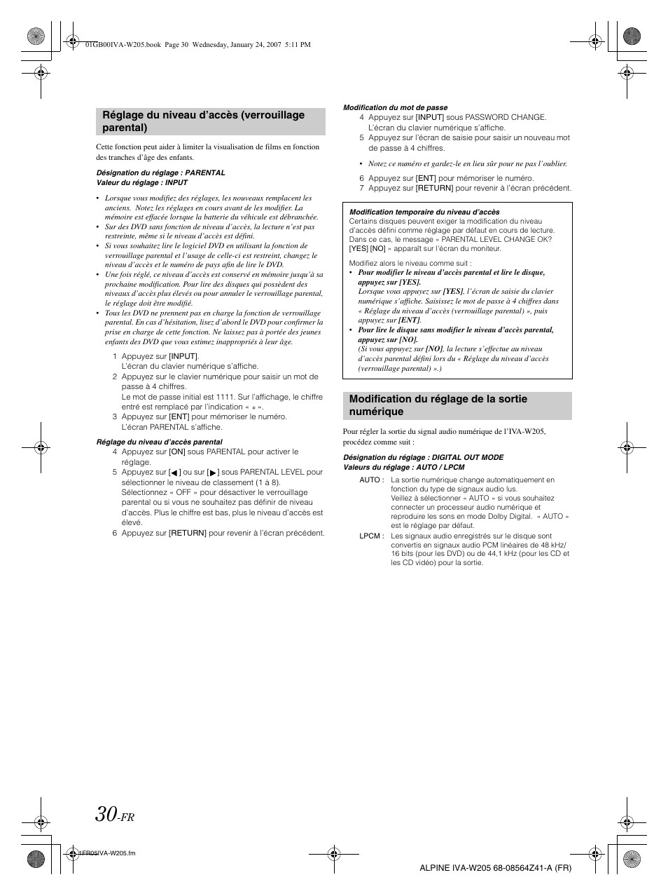 Réglage du niveau d’accès (verrouillage parental), Modification du réglage de la sortie numérique | Alpine IVA-W205 User Manual | Page 111 / 238