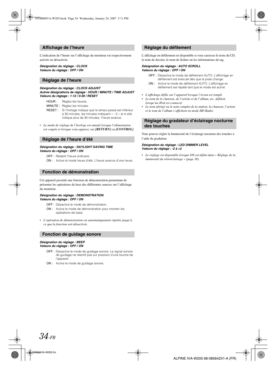 Affichage de l’heure réglage de l’heure, Réglage de l’heure d’été, Fonction de démonstration | Fonction de guidage sonore, Réglage du défilement | Alpine IVA-W205 User Manual | Page 115 / 238