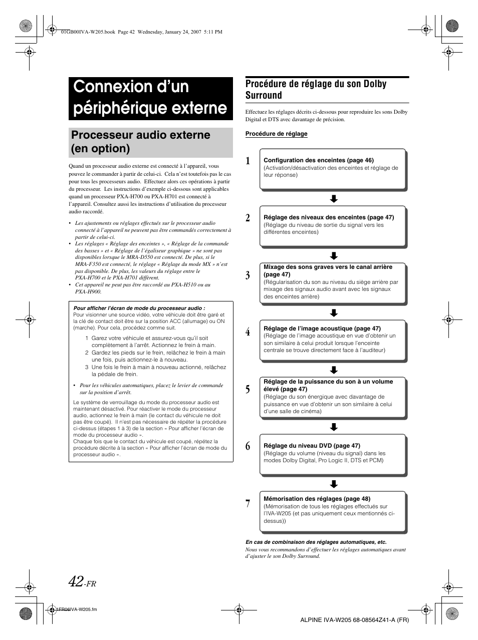 Connexion d’un périphérique externe, Processeur audio externe (en option), Procédure de réglage du son dolby surround | Alpine IVA-W205 User Manual | Page 123 / 238