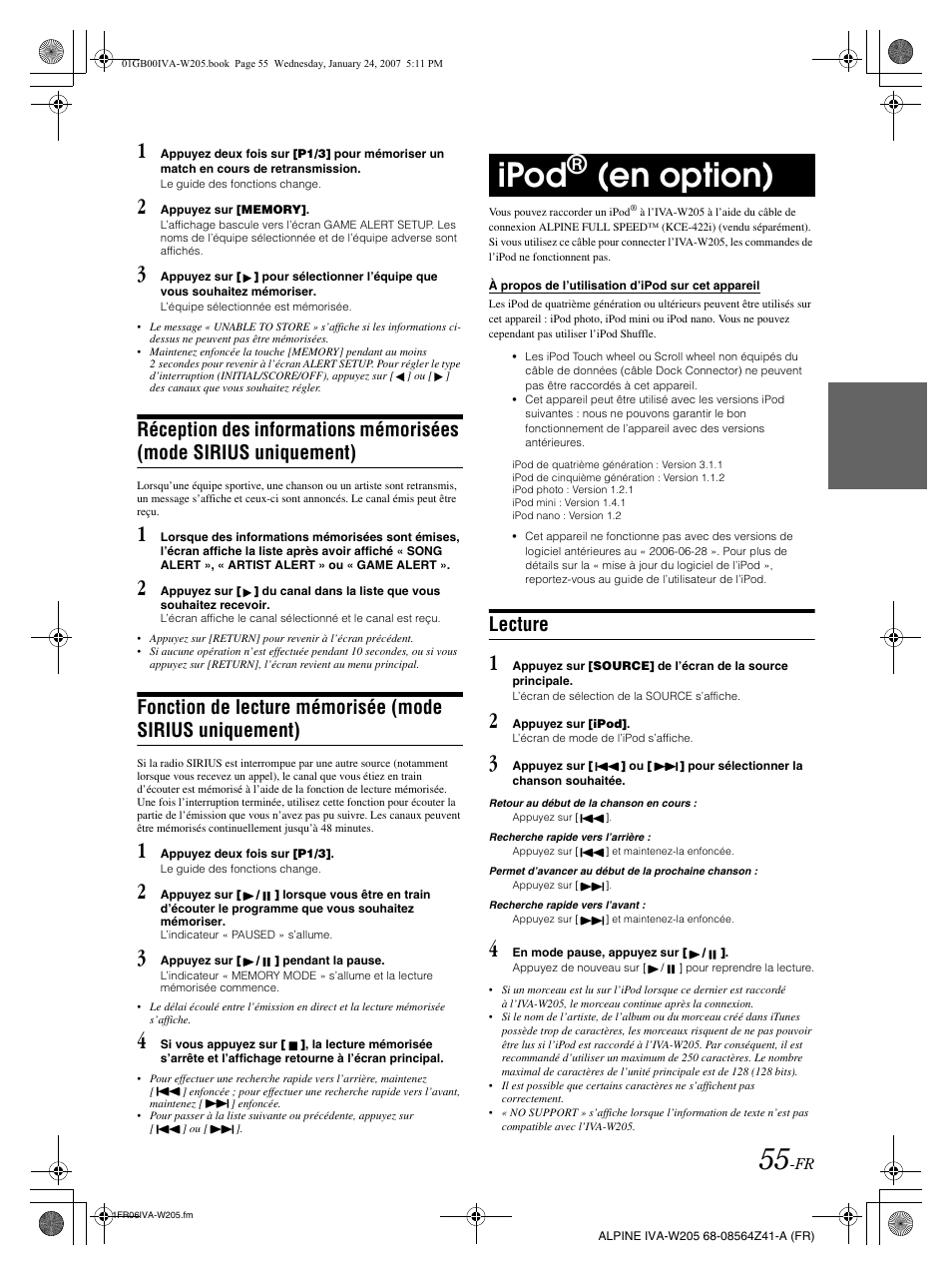 Ipod, En option), Lecture | Alpine IVA-W205 User Manual | Page 136 / 238