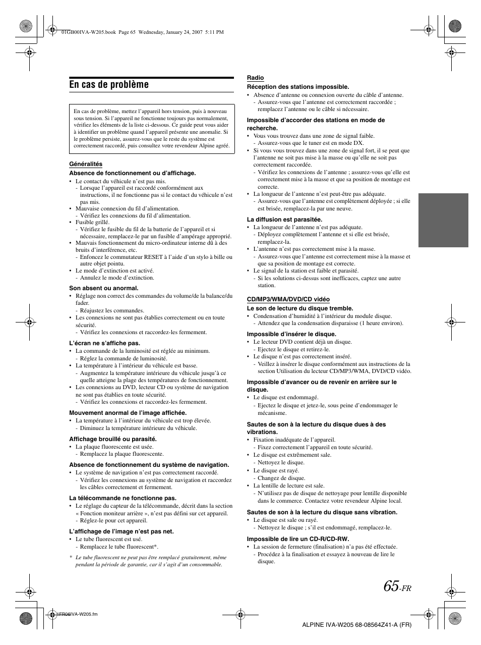 En cas de problème | Alpine IVA-W205 User Manual | Page 146 / 238