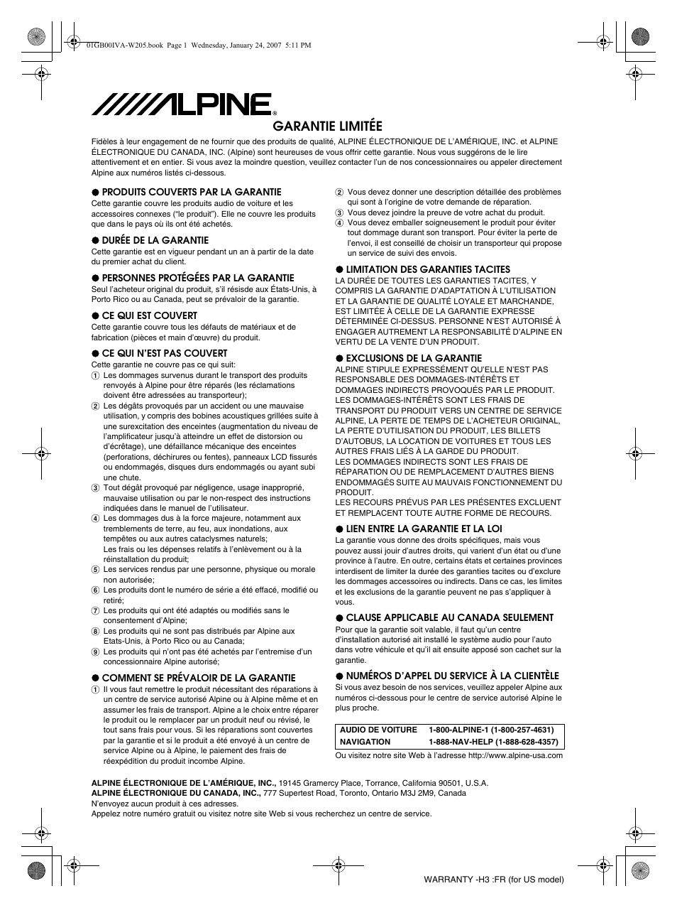 Garantie limitée | Alpine IVA-W205 User Manual | Page 160 / 238