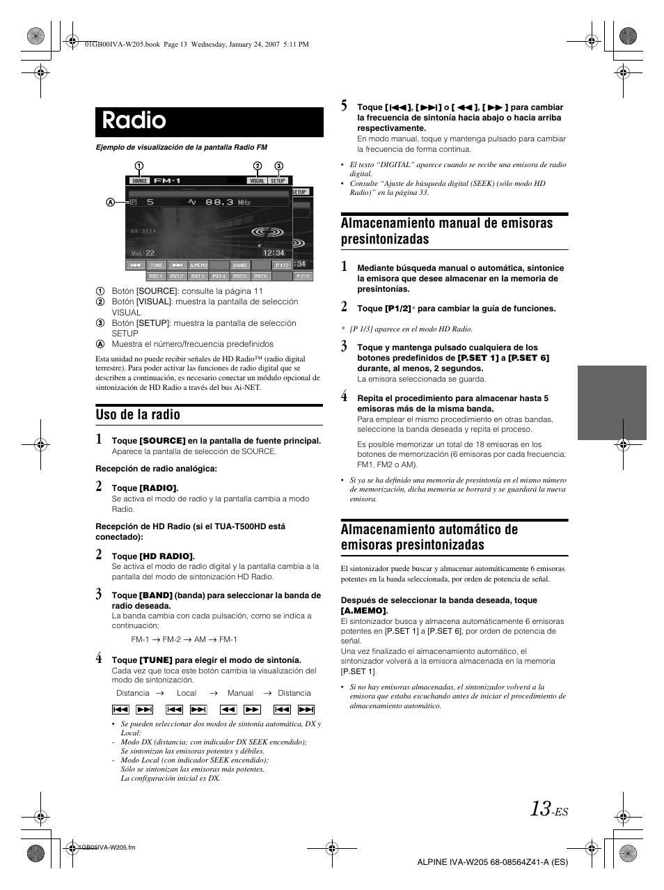 Radio, Uso de la radio, Almacenamiento manual de emisoras presintonizadas | Alpine IVA-W205 User Manual | Page 173 / 238