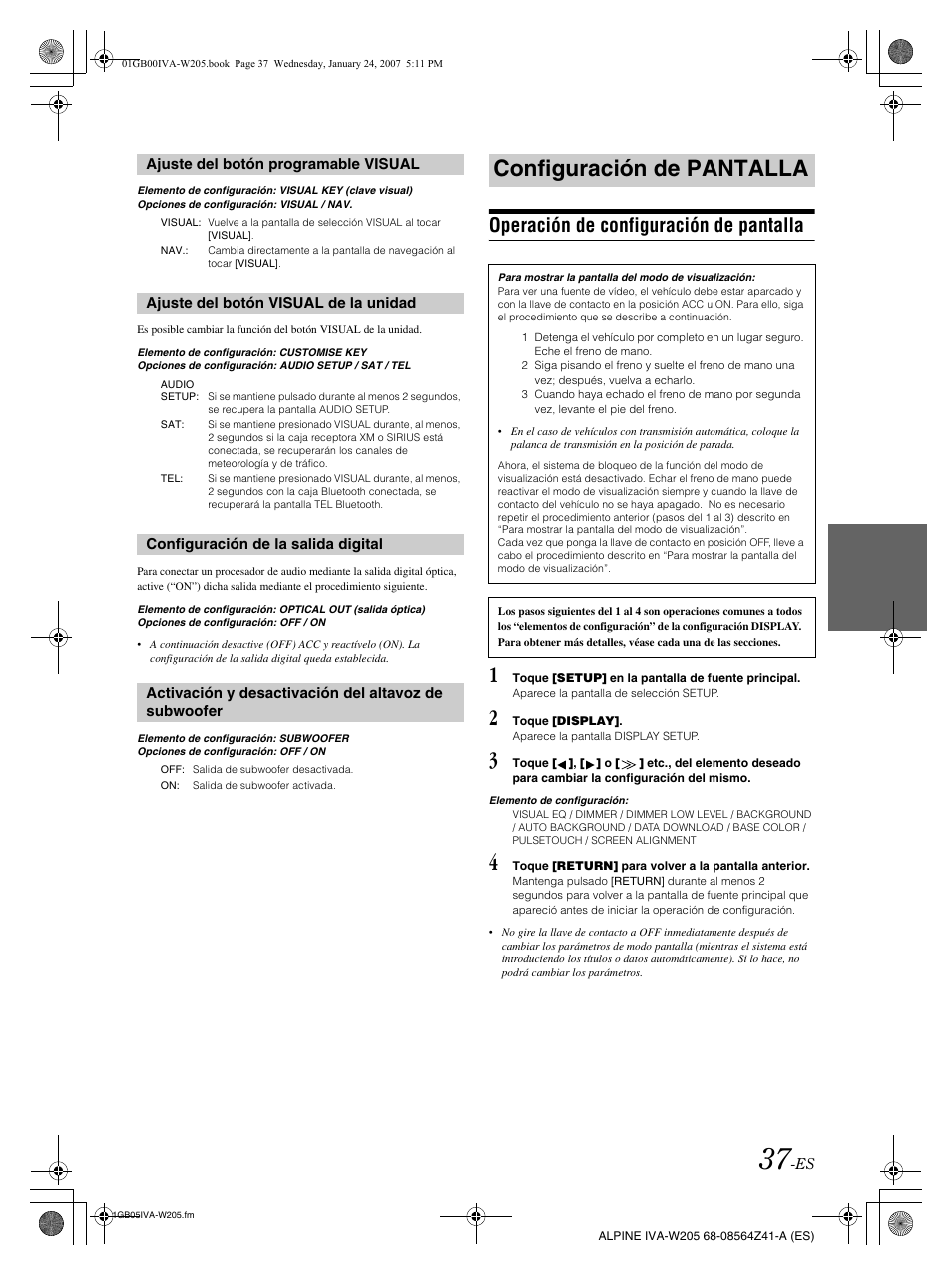 Configuración de pantalla, Operación de configuración de pantalla | Alpine IVA-W205 User Manual | Page 197 / 238