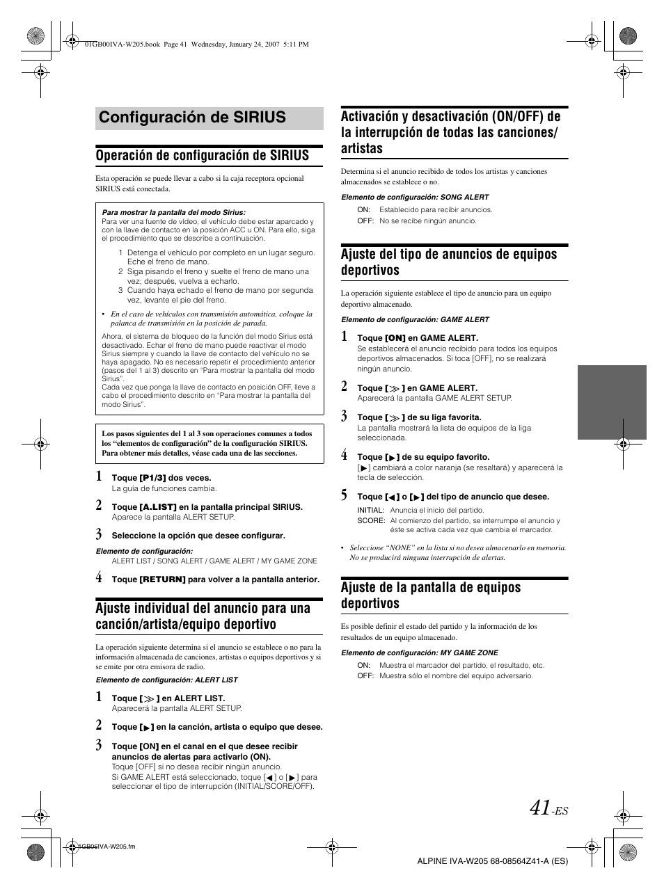 Configuración de sirius, Operación de configuración de sirius, Ajuste del tipo de anuncios de equipos deportivos | Ajuste de la pantalla de equipos deportivos | Alpine IVA-W205 User Manual | Page 201 / 238