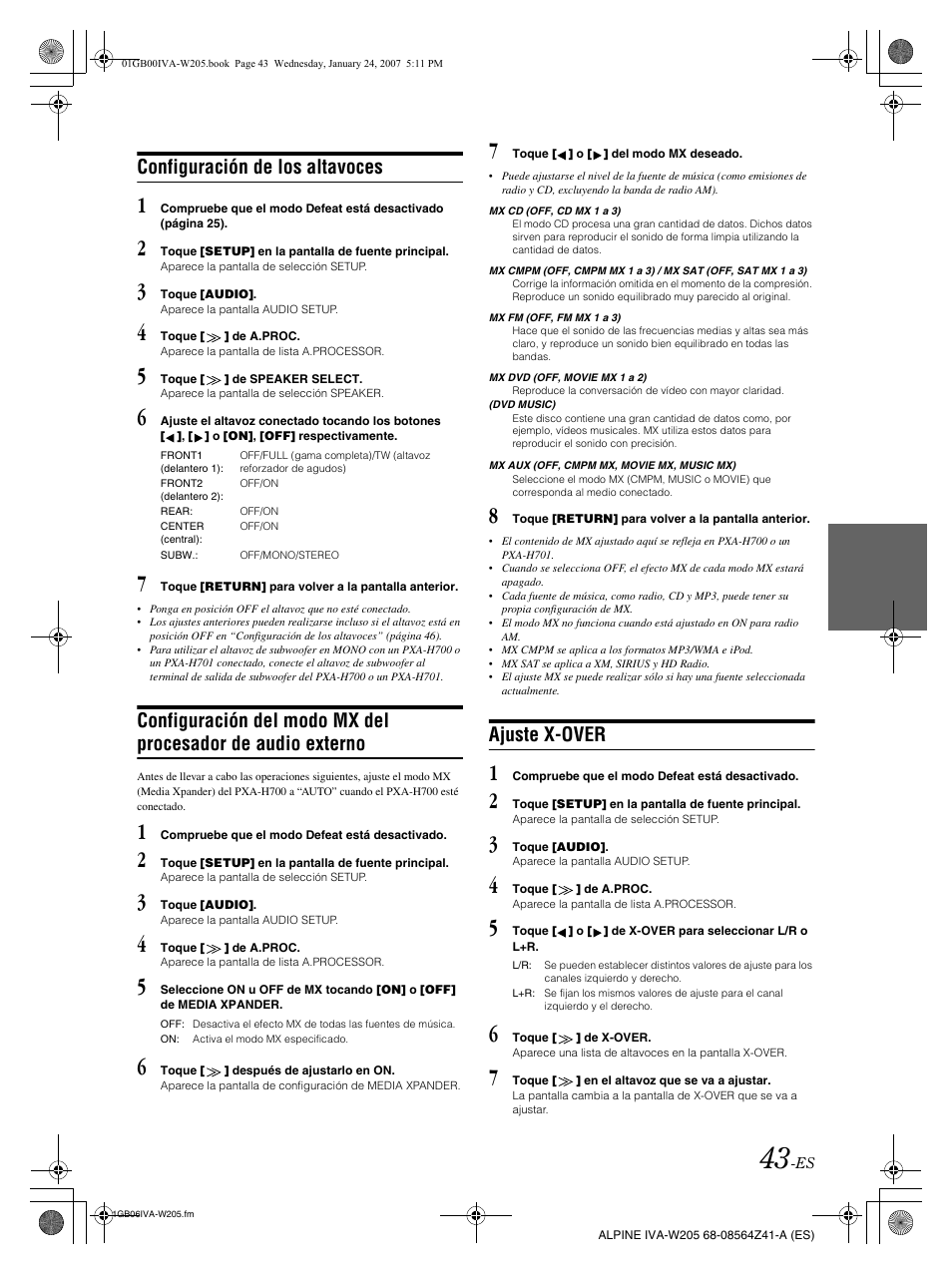 Configuración de los altavoces, Ajuste x-over | Alpine IVA-W205 User Manual | Page 203 / 238