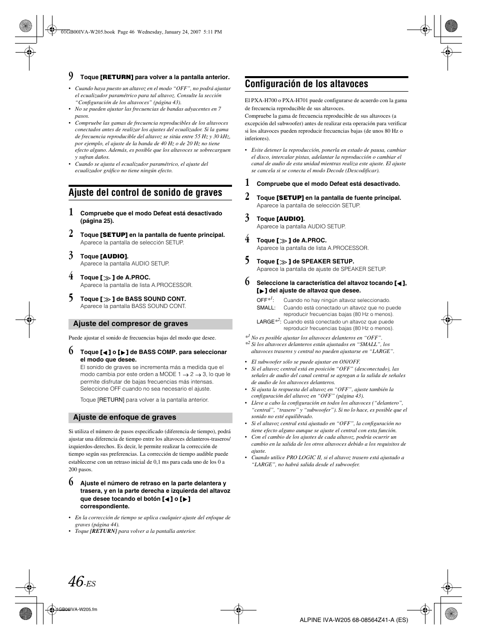 Ajuste del control de sonido de graves, Configuración de los altavoces | Alpine IVA-W205 User Manual | Page 206 / 238