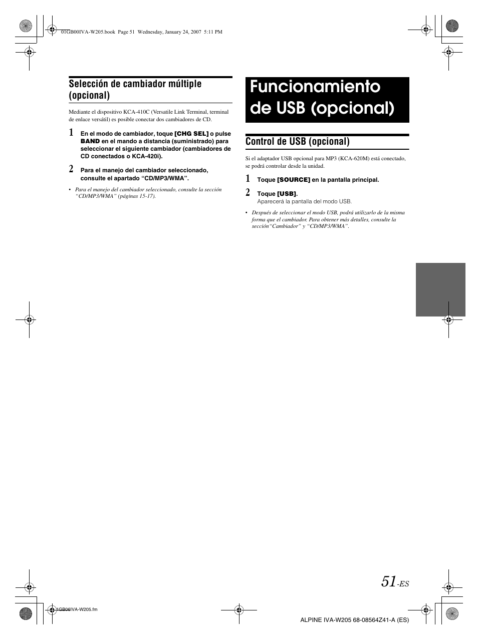 Funcionamiento de usb (opcional) | Alpine IVA-W205 User Manual | Page 211 / 238