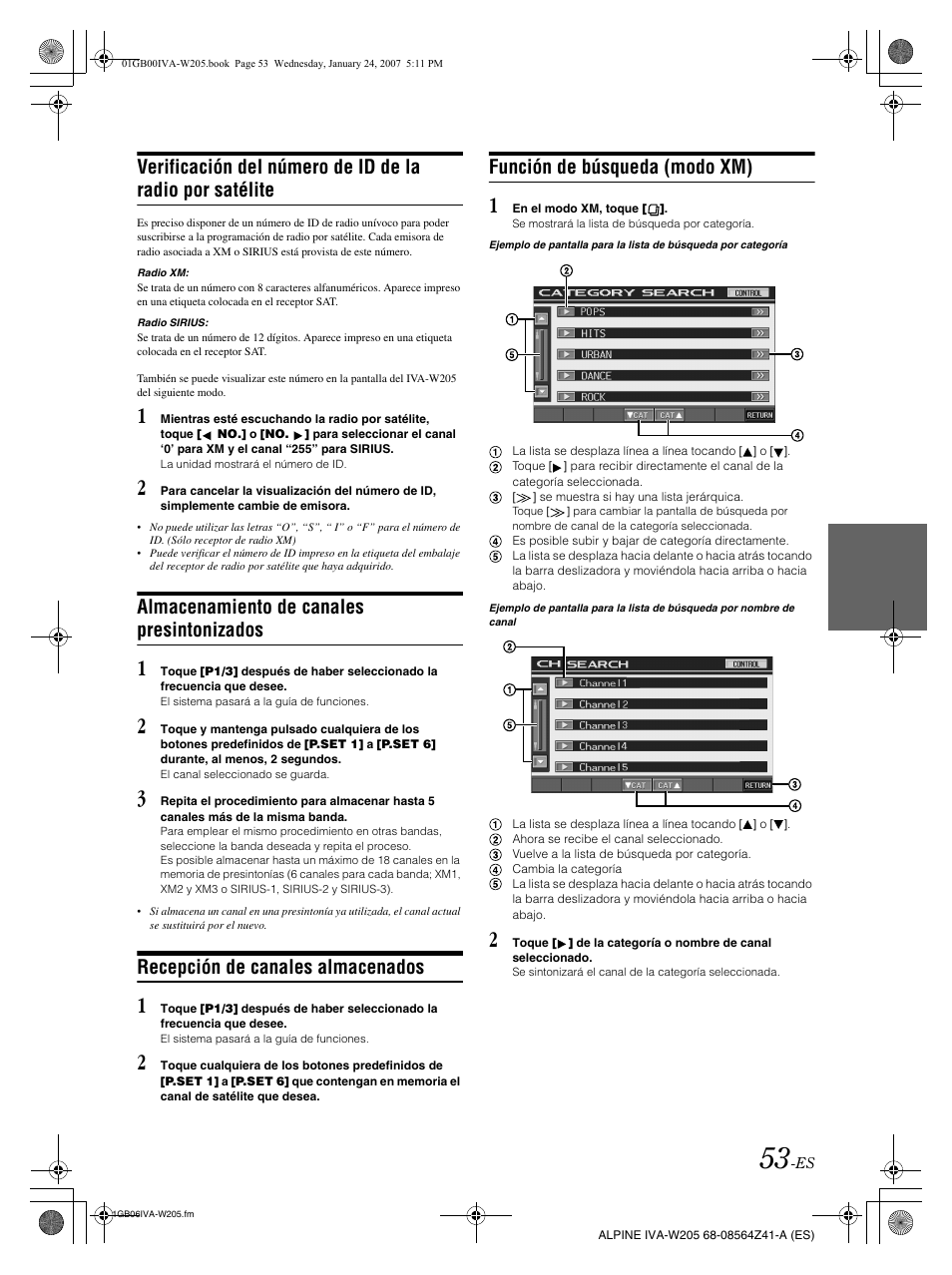 Almacenamiento de canales presintonizados, Recepción de canales almacenados, Función de búsqueda (modo xm) | Alpine IVA-W205 User Manual | Page 213 / 238