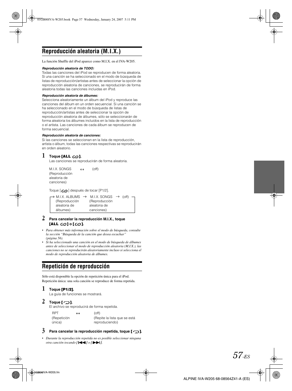 Reproducción aleatoria (m.i.x.), Repetición de reproducción | Alpine IVA-W205 User Manual | Page 217 / 238