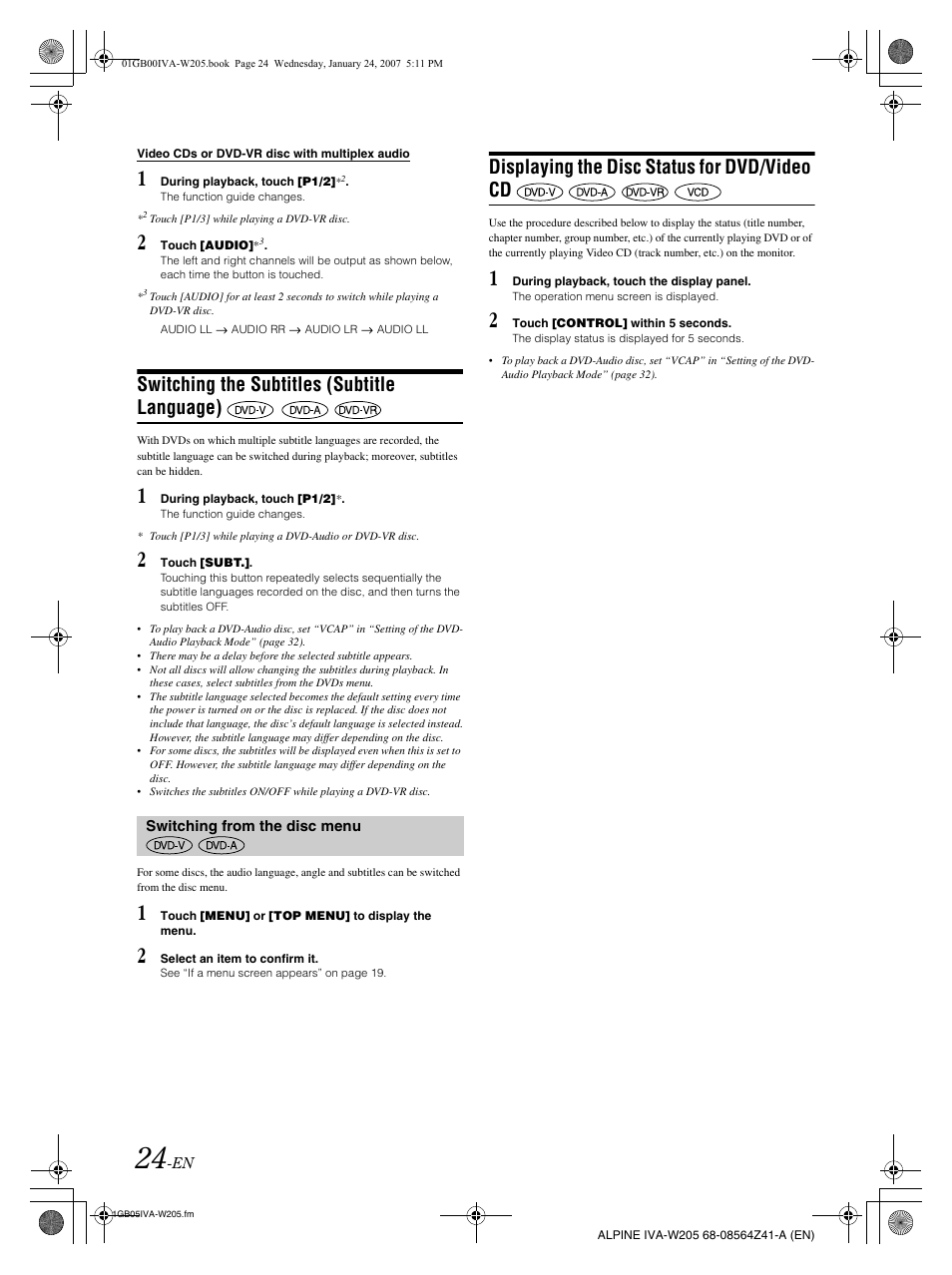 Switching the subtitles (subtitle language), Displaying the disc status for dvd/video cd | Alpine IVA-W205 User Manual | Page 26 / 238