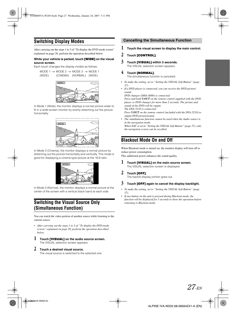 Switching display modes, Blackout mode on and off | Alpine IVA-W205 User Manual | Page 29 / 238