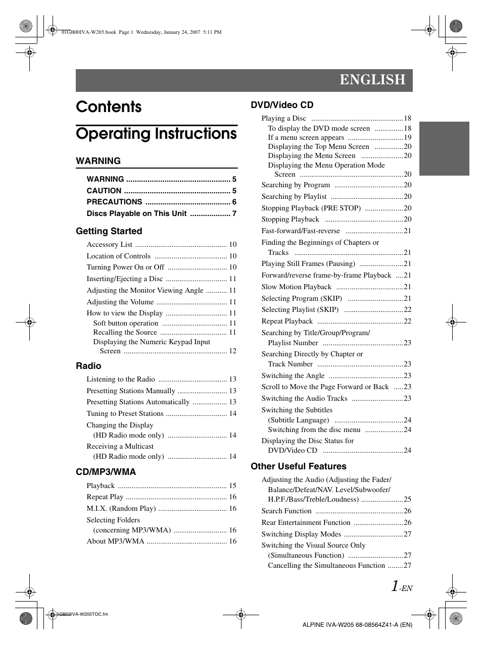 Contents operating instructions, English | Alpine IVA-W205 User Manual | Page 3 / 238