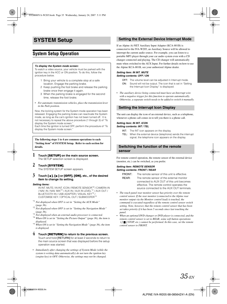 System setup, System setup operation | Alpine IVA-W205 User Manual | Page 37 / 238