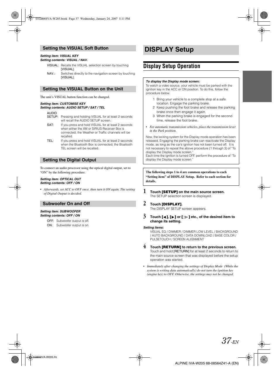 Display setup, Display setup operation | Alpine IVA-W205 User Manual | Page 39 / 238