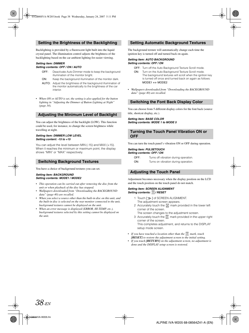 Setting the brightness of the backlighting, Adjusting the touch panel | Alpine IVA-W205 User Manual | Page 40 / 238