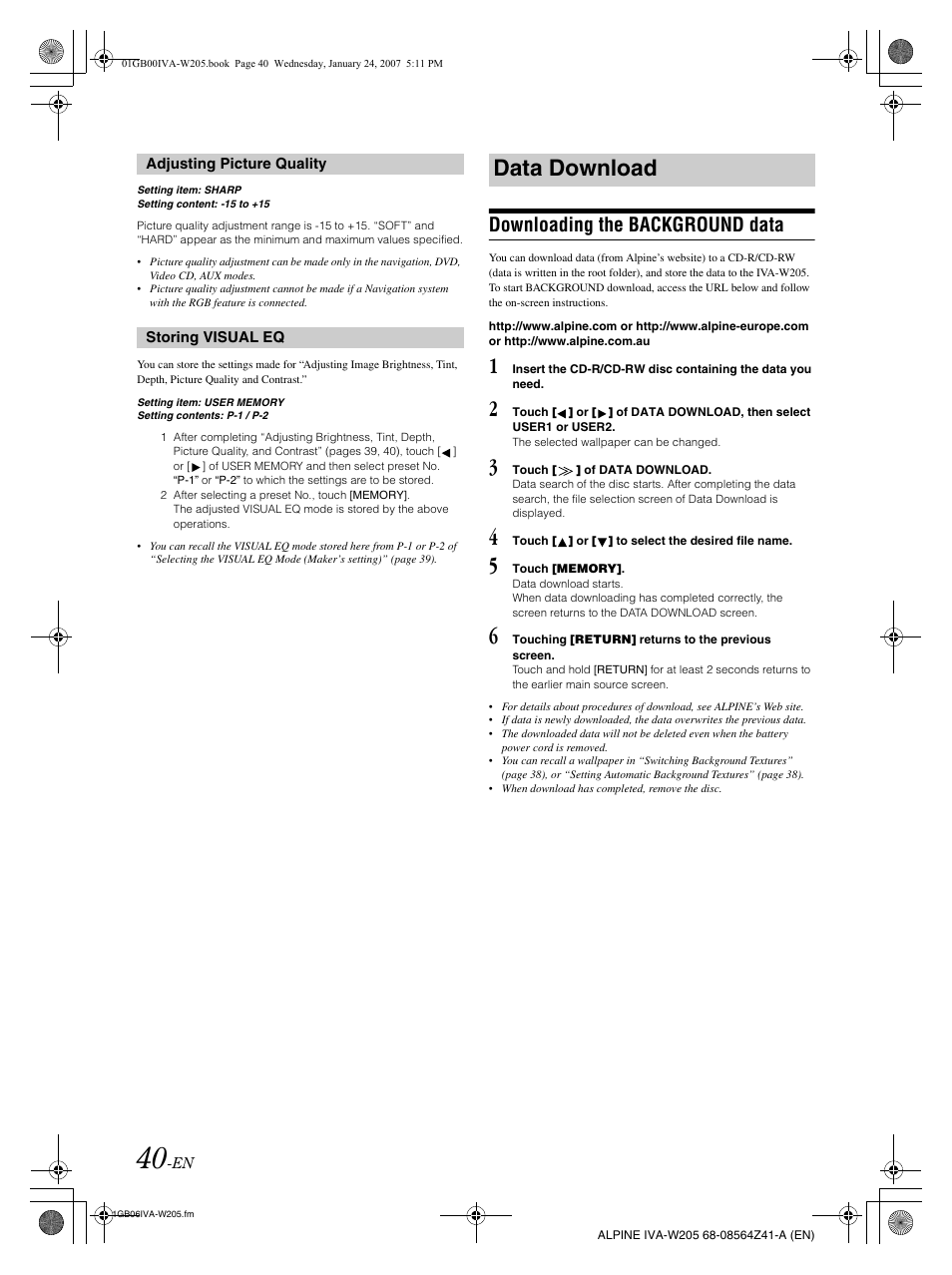 Data download, Downloading the background data | Alpine IVA-W205 User Manual | Page 42 / 238