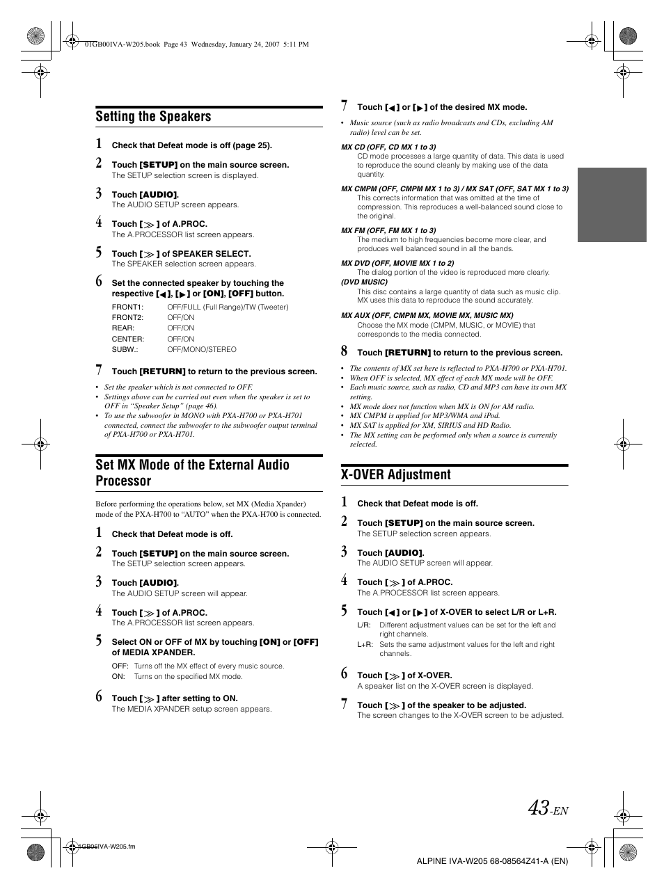 Setting the speakers, Set mx mode of the external audio processor, X-over adjustment | Alpine IVA-W205 User Manual | Page 45 / 238