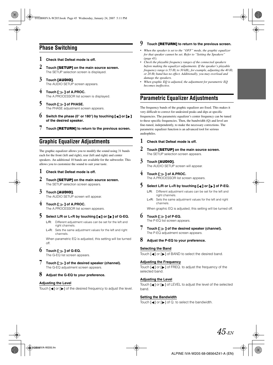 Phase switching, Graphic equalizer adjustments, Parametric equalizer adjustments | Alpine IVA-W205 User Manual | Page 47 / 238