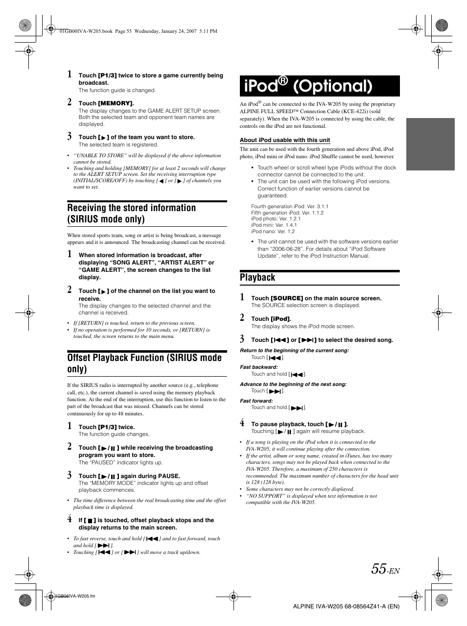 Ipod, Optional), Offset playback function (sirius mode only) | Playback | Alpine IVA-W205 User Manual | Page 57 / 238