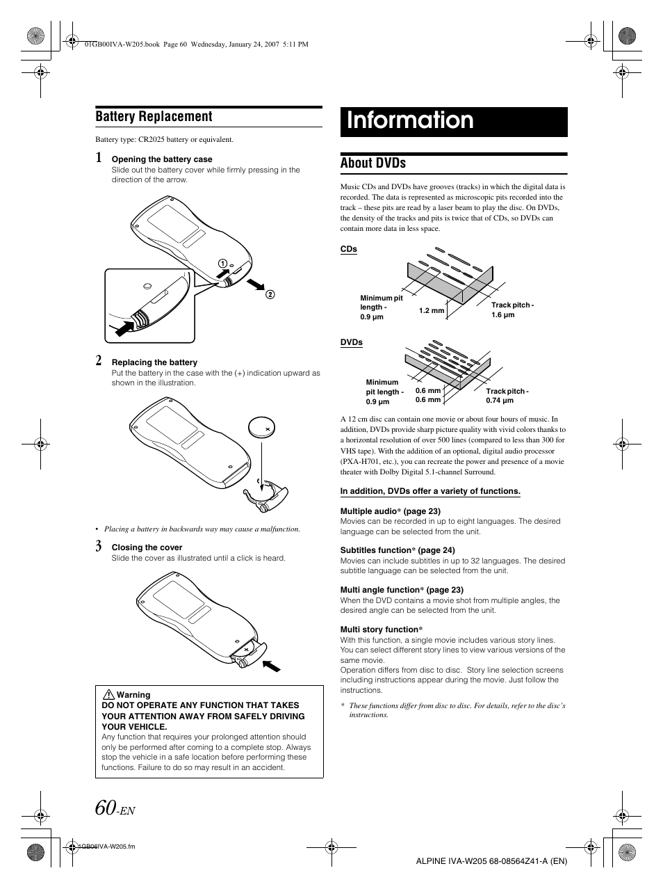 Information, Battery replacement, About dvds | Alpine IVA-W205 User Manual | Page 62 / 238