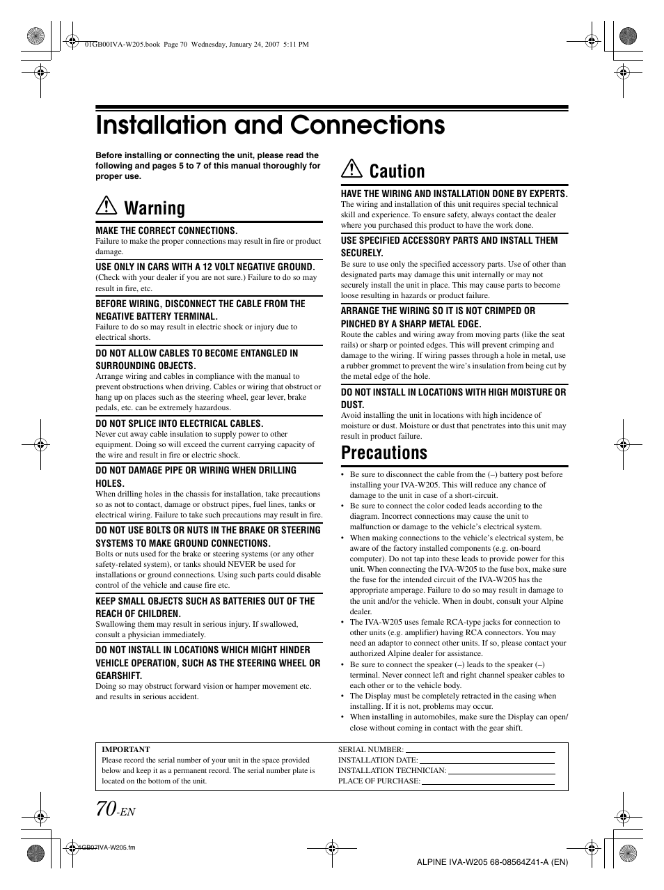 Installation and connections, Warning, Caution | Precautions | Alpine IVA-W205 User Manual | Page 72 / 238