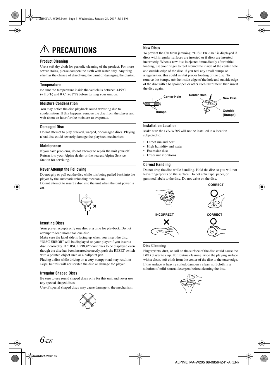 Precautions | Alpine IVA-W205 User Manual | Page 8 / 238