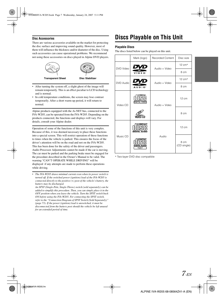 Discs playable on this unit | Alpine IVA-W205 User Manual | Page 9 / 238