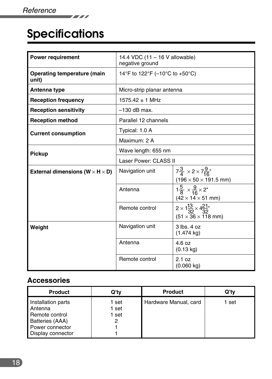 Specifications, Reference, Accessories | Alpine NVE-N852ADVD User Manual | Page 18 / 19