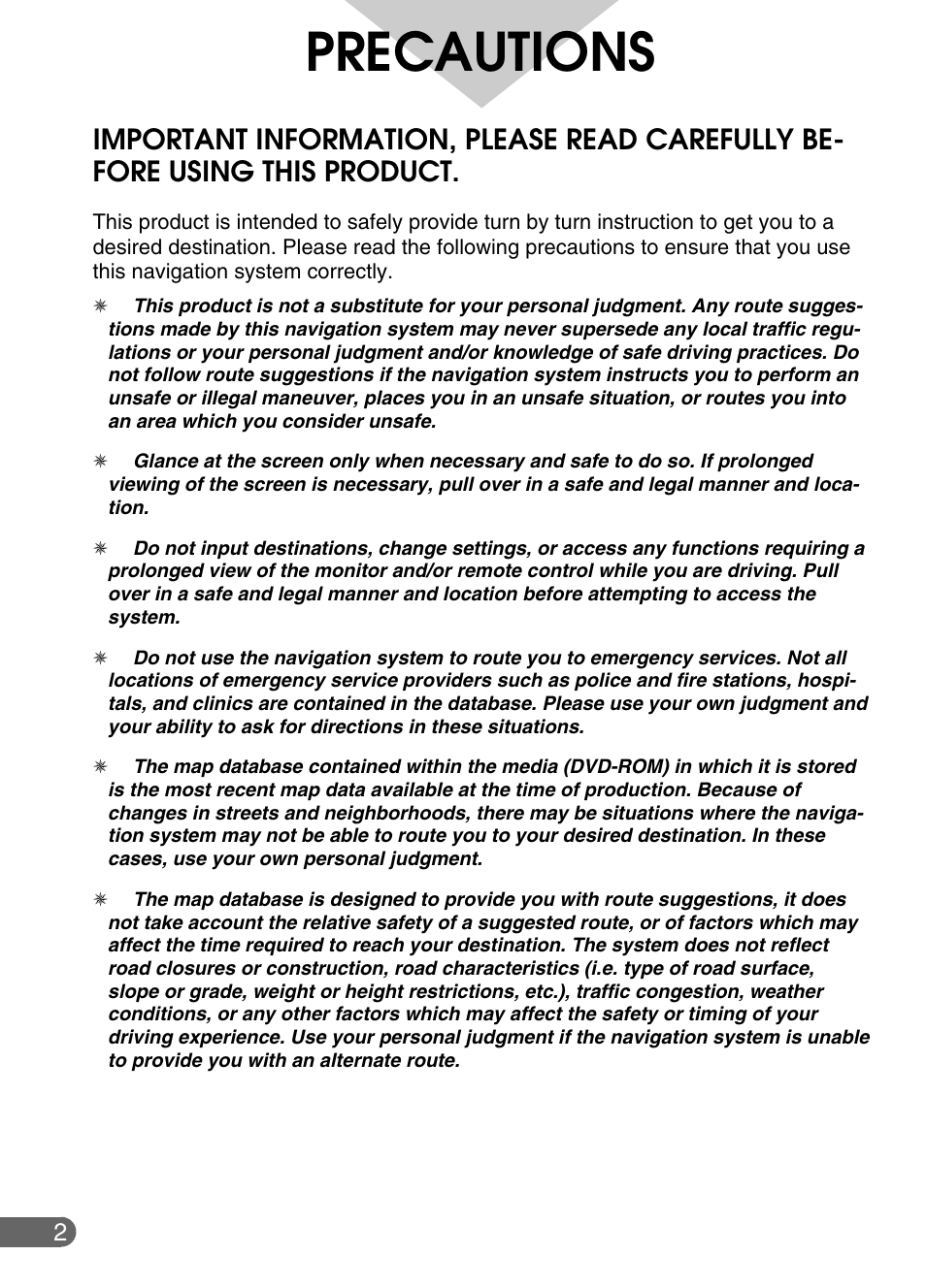 Precautions | Alpine NVE-N852ADVD User Manual | Page 2 / 19