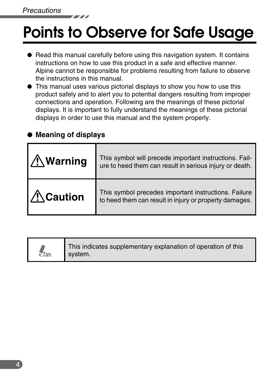 Points to observe for safe usage, Warning caution | Alpine NVE-N852ADVD User Manual | Page 4 / 19