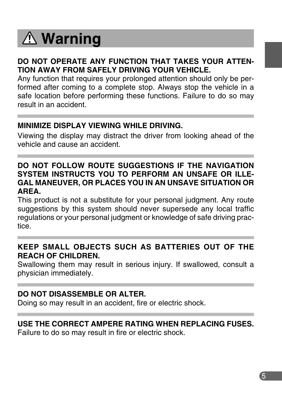 Warning | Alpine NVE-N852ADVD User Manual | Page 5 / 19