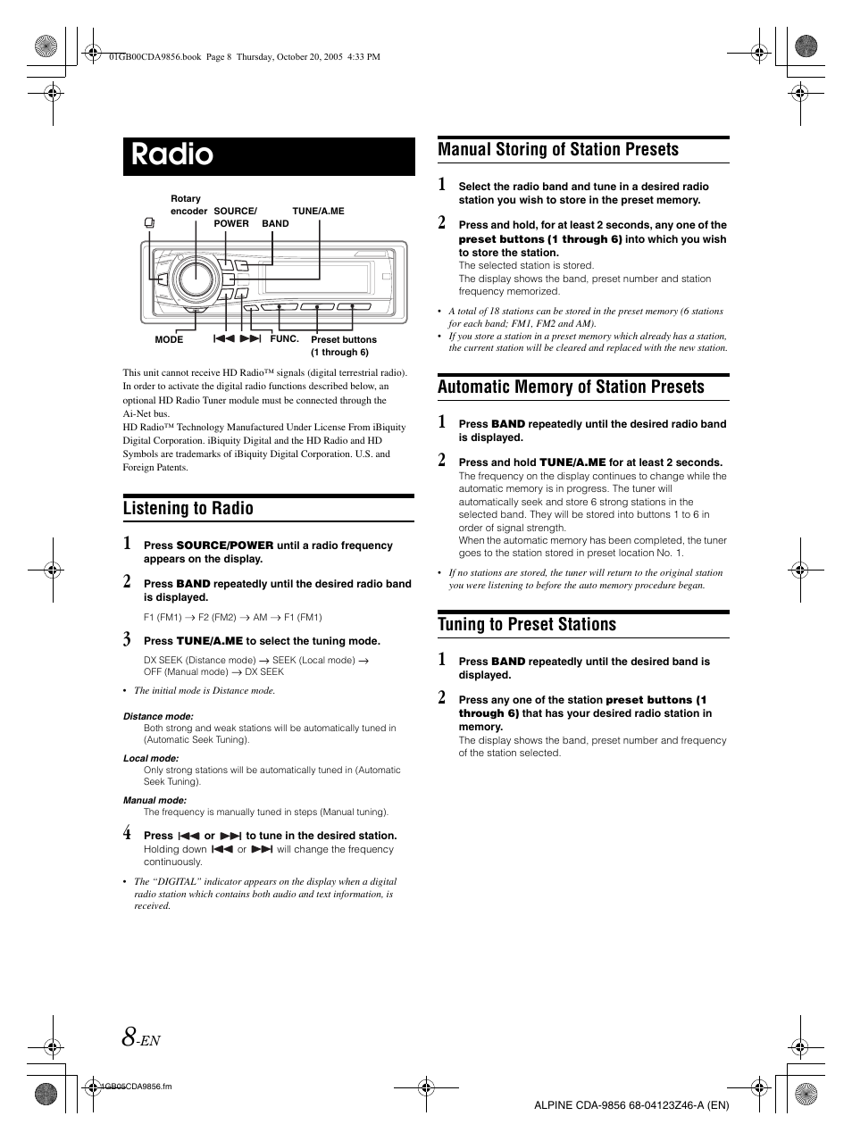 Radio, Listening to radio, Manual storing of station presets | Tuning to preset stations | Alpine CDA-9856 User Manual | Page 10 / 103